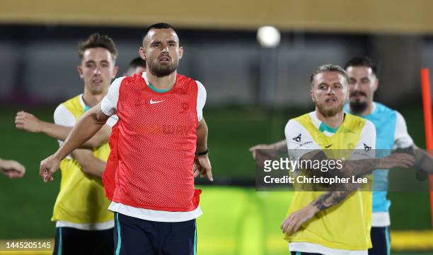 Bailey Wright of Australia warms up during the Australia Training Session at Aspire Training Facilities on November 28, 2022 in Doha, Qatar.