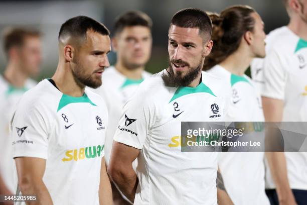 Milos Degenek and Bailey Wright of Australia look on during the Australia Training Session at Aspire Training Facilities on November 28, 2022 in...