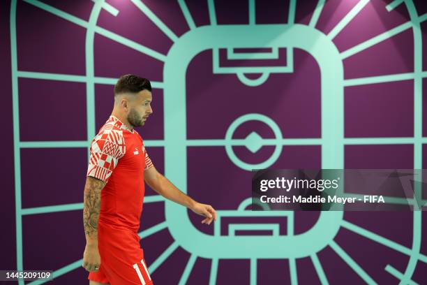 Renato Steffen of Switzerland is seen prior to the FIFA World Cup Qatar 2022 Group G match between Brazil and Switzerland at Stadium 974 on November...