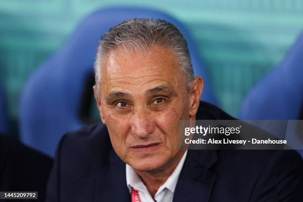 Tite, manager of the Brazil national football team, looks on during the FIFA World Cup Qatar 2022 Group G match between Brazil and Switzerland at...