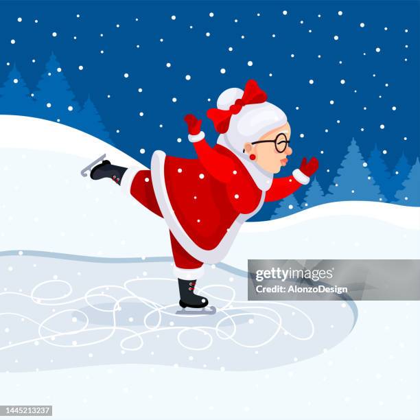mrs claus skating on ice. christmas card. - ice skating stock illustrations