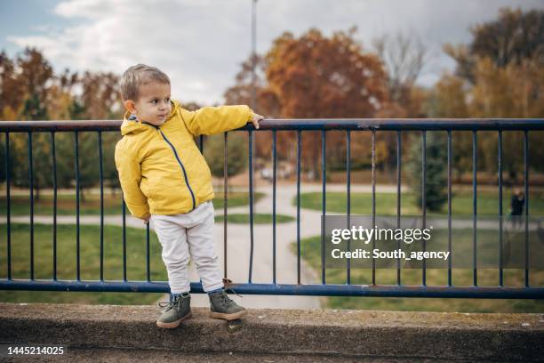 little boy in park - barreira imagens e fotografias de stock