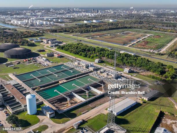 In an aerial view, the entrance of the East Water Purification Plant is seen on November 28, 2022 in Galena Park, outside Houston, Texas. A boil...