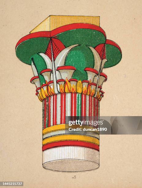 stockillustraties, clipart, cartoons en iconen met ancient egyptian decorative art and architecture, painted column capital from a temple at philae, papyrus in growth - papyrusriet
