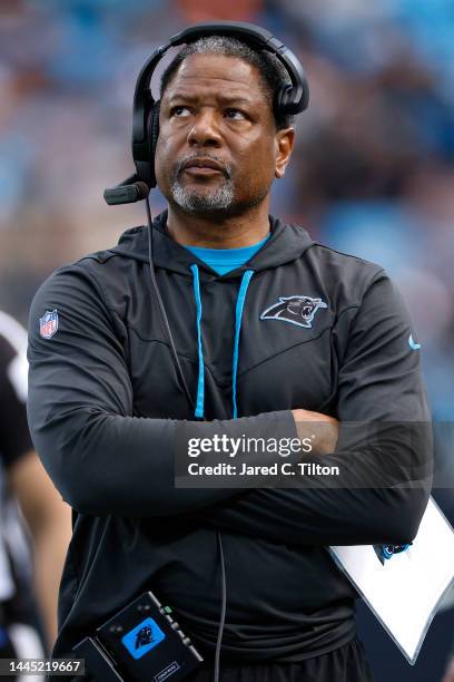 Head coach Steve Wilks of the Carolina Panthers looks on during the second half of the game against the Denver Broncos at Bank of America Stadium on...