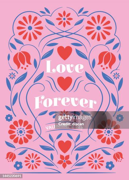 valentinstagskarte mit blumenrahmen. - geometric heart stock-grafiken, -clipart, -cartoons und -symbole