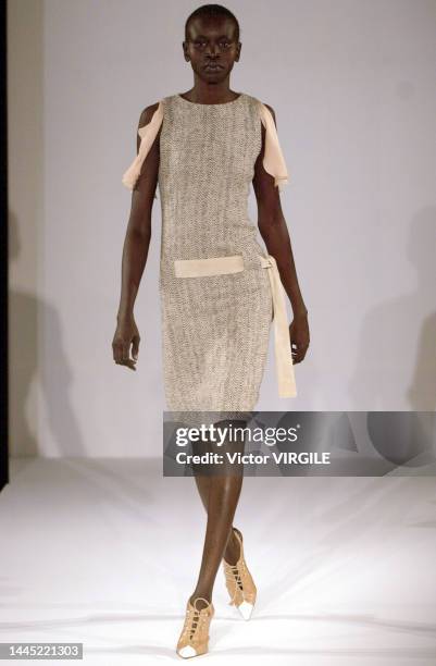 Alek Wek walks the runway during the Douglas Hannant Ready to Wear Spring/Summer 2002 fashion show as part of the New York Fashion Week on September...