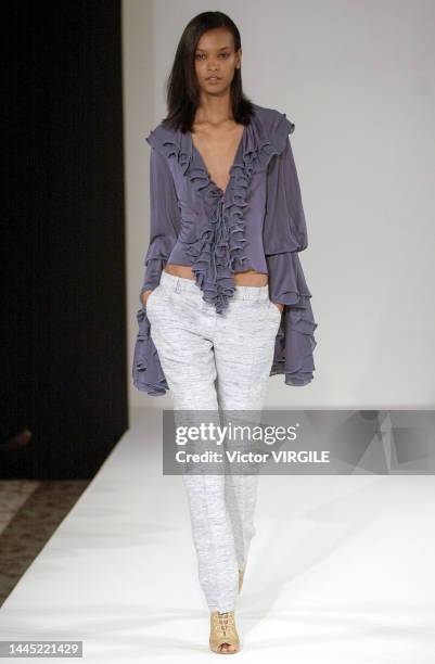 Liya Kebede walks the runway during the Douglas Hannant Ready to Wear Spring/Summer 2002 fashion show as part of the New York Fashion Week on...