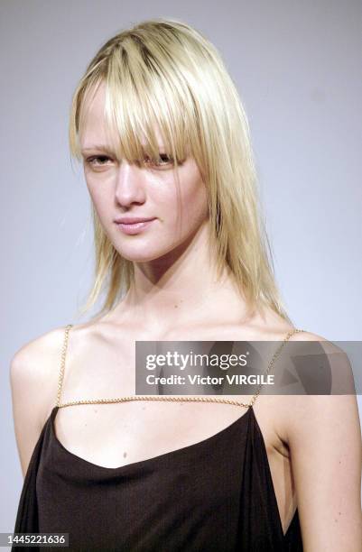 Liudmilla Bakhmat walks the runway during the Douglas Hannant Ready to Wear Spring/Summer 2002 fashion show as part of the New York Fashion Week on...