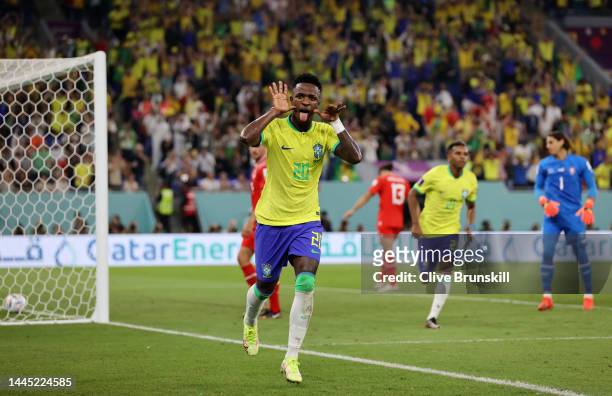 Vinicius Junior of Brazil celebrates after scoring a goal that was ruled offside during the FIFA World Cup Qatar 2022 Group G match between Brazil...
