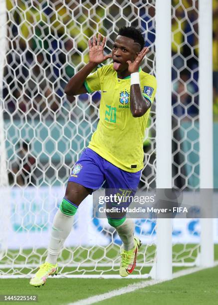 Vinicius Junior of Brazil celebrates scoring his side's first goal before ruled offside after the video assistant referee review during the FIFA...