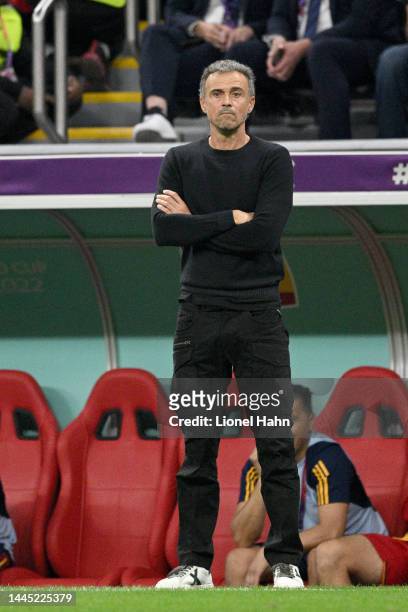Coach Luis Enrique of Spain reacts during the FIFA World Cup Qatar 2022 Group E match between Spain and Germany at Al Bayt Stadium on November 27,...