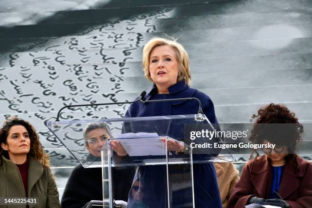 Hillary Rodham Clinton speaks during Iran Press Preview for Woman Life Freedom at Franklin D. Roosevelt Four Freedoms State Park on Roosevelt Island...