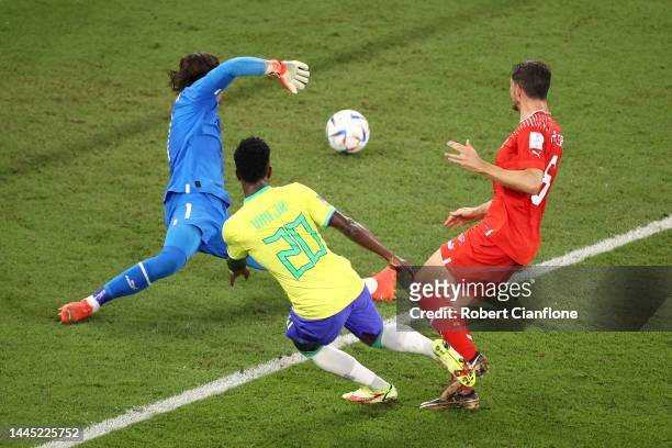 Vinicius Junior of Brazil scores a goal that was ruled offside after a Video Assistant Referee review during the FIFA World Cup Qatar 2022 Group G...