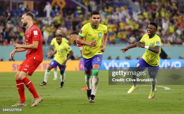 Casemiro of Brazil celebrates after scoring their team's first goal during the FIFA World Cup Qatar 2022 Group G match between Brazil and Switzerland...