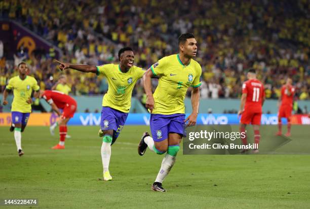 Casemiro of Brazil celebrates after scoring their team's first goal during the FIFA World Cup Qatar 2022 Group G match between Brazil and Switzerland...