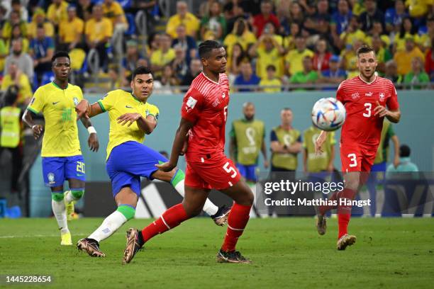 Casemiro of Brazil scores their team's first goal during the FIFA World Cup Qatar 2022 Group G match between Brazil and Switzerland at Stadium 974 on...