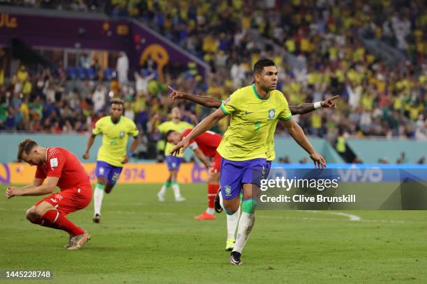 Casemiro of Brazil celebrates after scoring their team's first goal during the FIFA World Cup Qatar 2022 Group G match between Brazil and Switzerland...