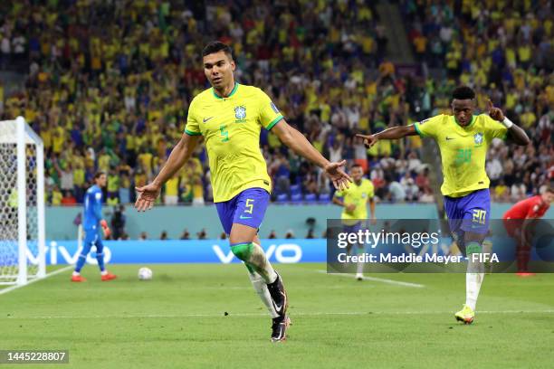 Casemiro of Brazil celebrates after scoring their team's first goal during the FIFA World Cup Qatar 2022 Group G match between Brazil and Switzerland...