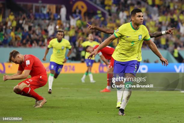 Casemiro of Brazil celebrates after scoring their team's first goal during the FIFA World Cup Qatar 2022 Group G match between Brazil and Switzerland...