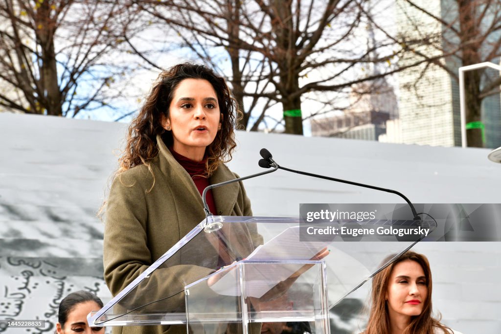 S Moafi Sepideh Moafi speaks during Eyes on Iran Press Preview for Woman Life ...