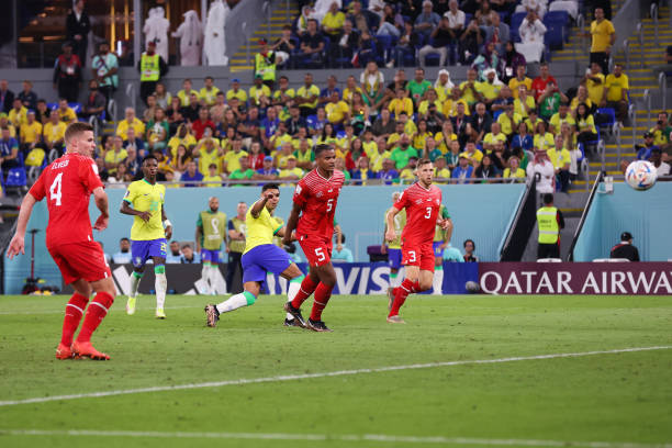 Casemiro of Brazil scores his side's first goal during the FIFA World Cup Qatar 2022 Group G match between Brazil and Switzerland at Stadium 974 on...