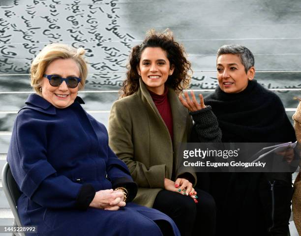 Hillary Rodham Clinton, Sepideh Moafi and Zainab Salbi attend Eyes on Iran Press Preview for Woman Life Freedom at Franklin D. Roosevelt Four...