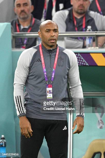 Assistant coach Thierry Henry of Belgium reacts during the FIFA World Cup Qatar 2022 Group F match between Belgium and Morocco at Al Thumama Stadium...