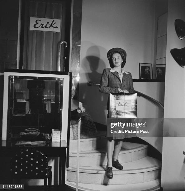 Millinery student Pamela Warren arrives at West End milliners, Erik, on Brook Street in the West End of London, to start her work experience,...