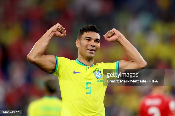 Casemiro of Brazil celebrates after scoring their team's first goal during the FIFA World Cup Qatar 2022 Group G match between Brazil and Switzerland...