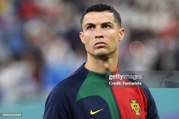 Cristiano Ronaldo of Portugal looks on during the line up prior to the FIFA World Cup Qatar 2022 Group H match between Portugal and Uruguay at Lusail...