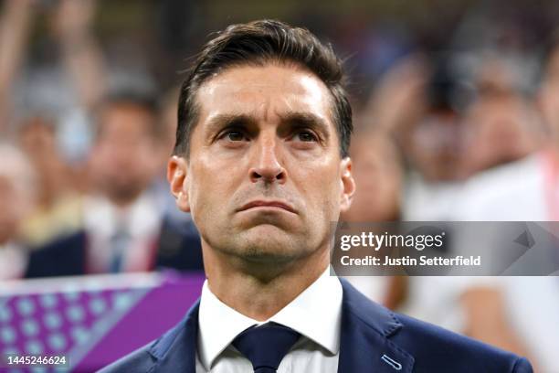 Diego Alonso, Head Coach of Uruguay, is seen prior to the FIFA World Cup Qatar 2022 Group H match between Portugal and Uruguay at Lusail Stadium on...