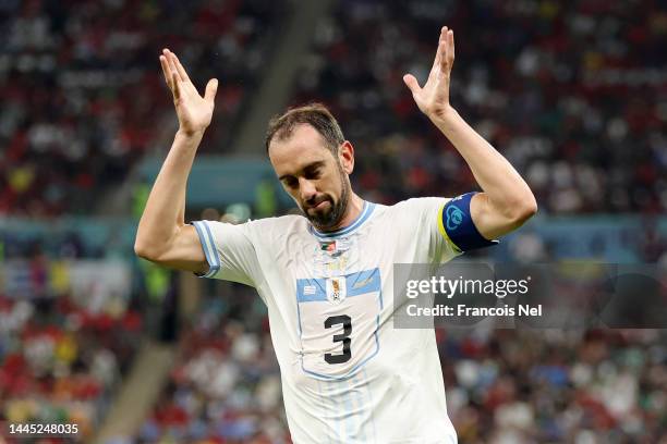 Diego Godin of Uruguay reacts during the FIFA World Cup Qatar 2022 Group H match between Portugal and Uruguay at Lusail Stadium on November 28, 2022...