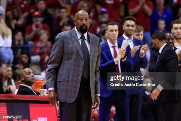Head coach Mike Woodson of the Indiana Hoosiers watches his team in the game against the Little Rock Trojans at Simon Skjodt Assembly Hall on...