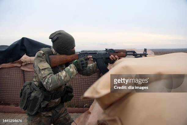 Free Syrian Army soldiers are waiting against PYD/PKK on November 28, 2022 in Azaz, Syria.