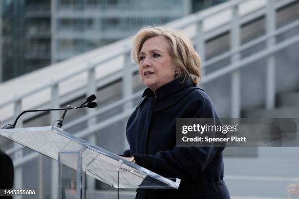 Former U.S. Secretary of State Hillary Clinton speaks at the opening of the Eyes on Iran art exhibition at Roosevelt Island's FDR Four Freedoms State...