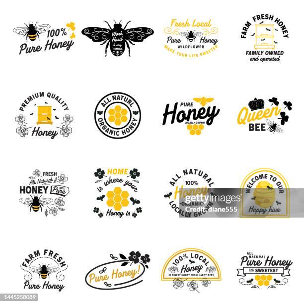 ilustrações de stock, clip art, desenhos animados e ícones de honey bee badge label set - bee stock illustrations