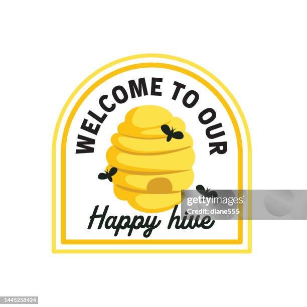 welcome to our happy hive yellow and black honey bee icon - bumblebee white stock illustrations