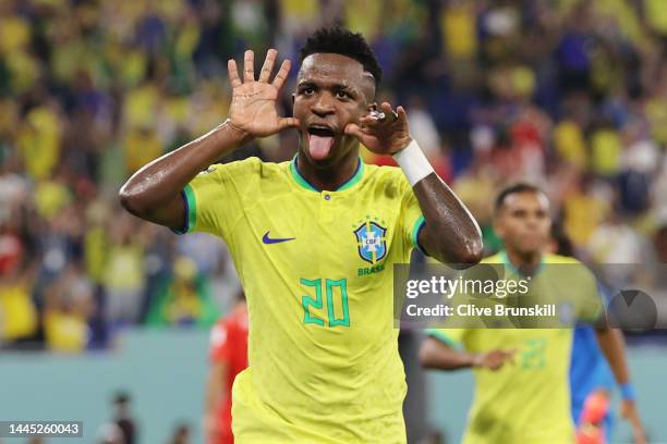 Vinicius Junior of Brazil celebrates scoring a goal that was ruled offside after the video assistant referee review during the FIFA World Cup Qatar...