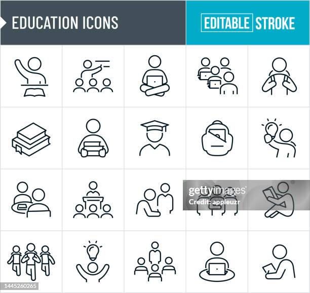 bildung dünne linie symbole - bearbeitbare striche - symbole umfassen professoren, lehrer, studenten, college, studenten, lernen, studium, bildung, hochschulbildung, prüfung, lehre, wissen, hausaufgaben - hörsaal stock-grafiken, -clipart, -cartoons und -symbole