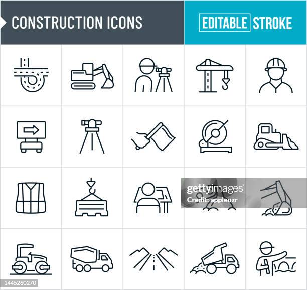 baudünne liniensymbole - bearbeitbarer strich - zu den symbolen gehören konstruktion, hochbau, bauarbeiter, ingenieure, straßenbau, straßenbau, bauingenieur, baumaschinen, gebäude - projektmanager stock-grafiken, -clipart, -cartoons und -symbole