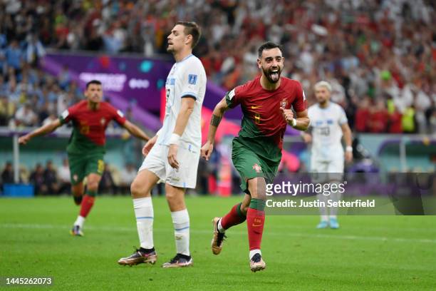 Bruno Fernandes of Portugal celebrates after scoring their team's second goal off a penalty during the FIFA World Cup Qatar 2022 Group H match...