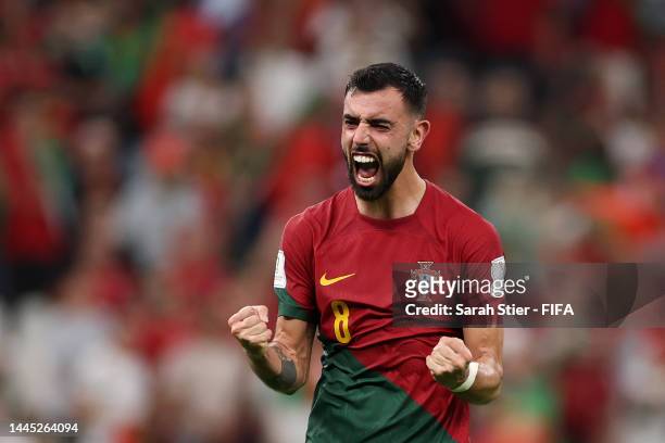 Bruno Fernandes of Portugal celebrates the 2-0 victory in the FIFA World Cup Qatar 2022 Group H match between Portugal and Uruguay at Lusail Stadium...