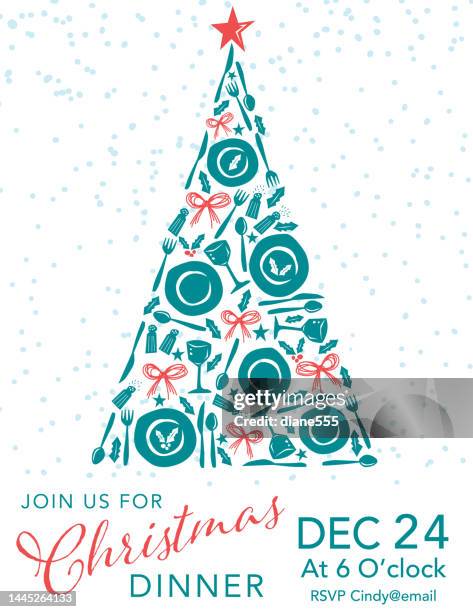 christmas tree dinnerware invitation flyer template - dinner invitation stock illustrations