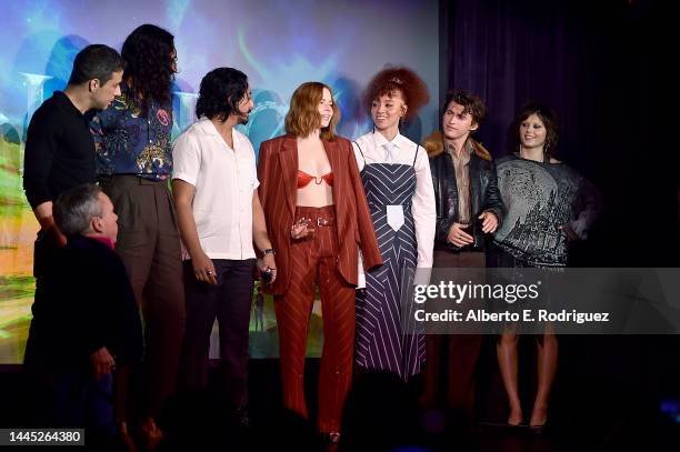 Jonathan Kasdan, Warwick Davis, Amar Chadha-Patel, Tony Revolori, Ellie Bamber, Erin Kellyman, Dempsey Bryk, and Ruby Cruz speak onstage during a...