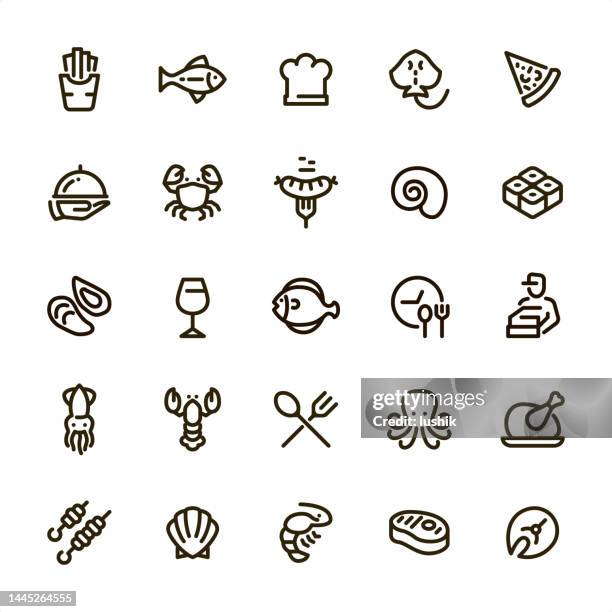 illustrazioni stock, clip art, cartoni animati e icone di tendenza di frutti di mare e pasti - icone di linea pixel perfect - filetto