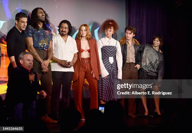 Jonathan Kasdan, Warwick Davis, Amar Chadha-Patel, Tony Revolori, Ellie Bamber, Erin Kellyman, Dempsey Bryk, and Ruby Cruz speak onstage during a...