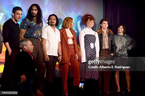 Jonathan Kasdan, Warwick Davis, Amar Chadha-Patel, Tony Revolori, Ellie Bamber, Erin Kellyman, Dempsey Bryk, and Ruby Cruz speak onstage during a...