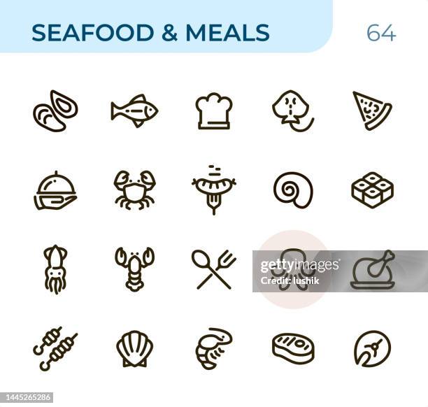 seafood & meals - pixel perfect unicolor line icons - salmon fillet stock illustrations