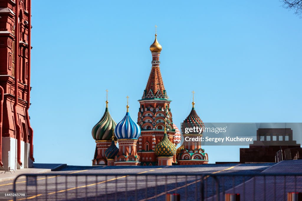 Red Square and Saint Basil's Cathedral behind metal fence
